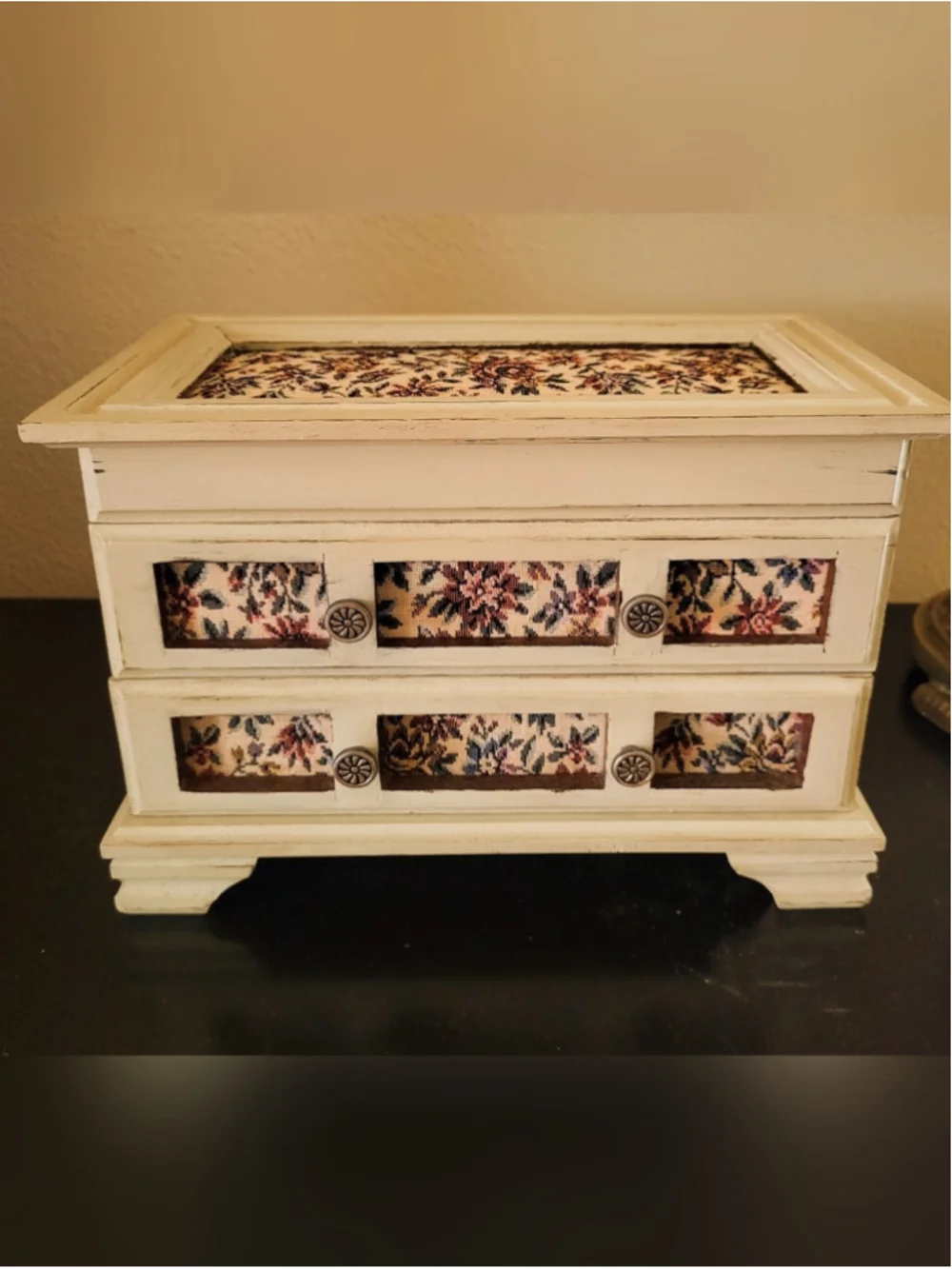 Vintage Music Box Jewelry Chest • Hand-Refinished • Floral Tapestry Panels •
